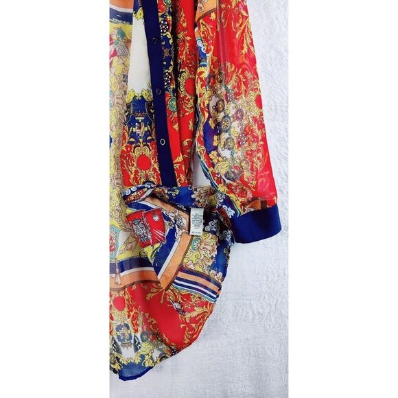 Kimona Blouse Jacket by Cecico Front Button Boho Light Weight Batik Longer Back - Picture 10 of 12